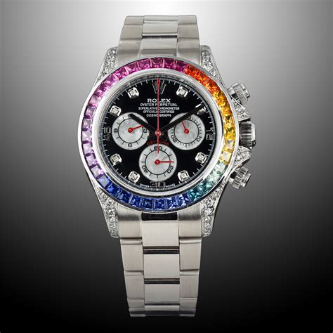 rolex daytona cosmograph rainbow crystals bezel|rolex rainbow daytona retail price.